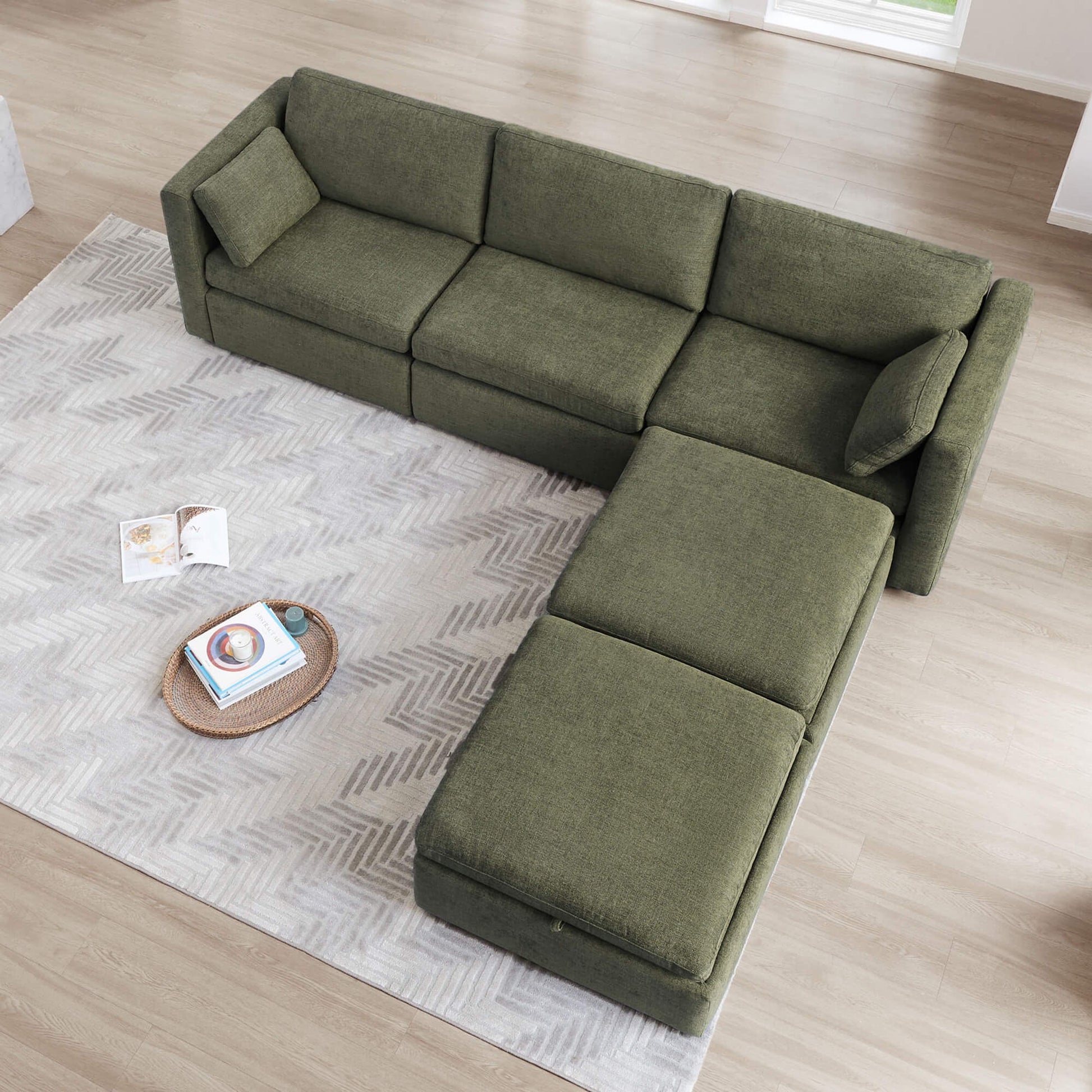 Overhead view of Delaney 5-Piece Modular Sofa Chaise with cozy olive green upholstery - CHITA Living