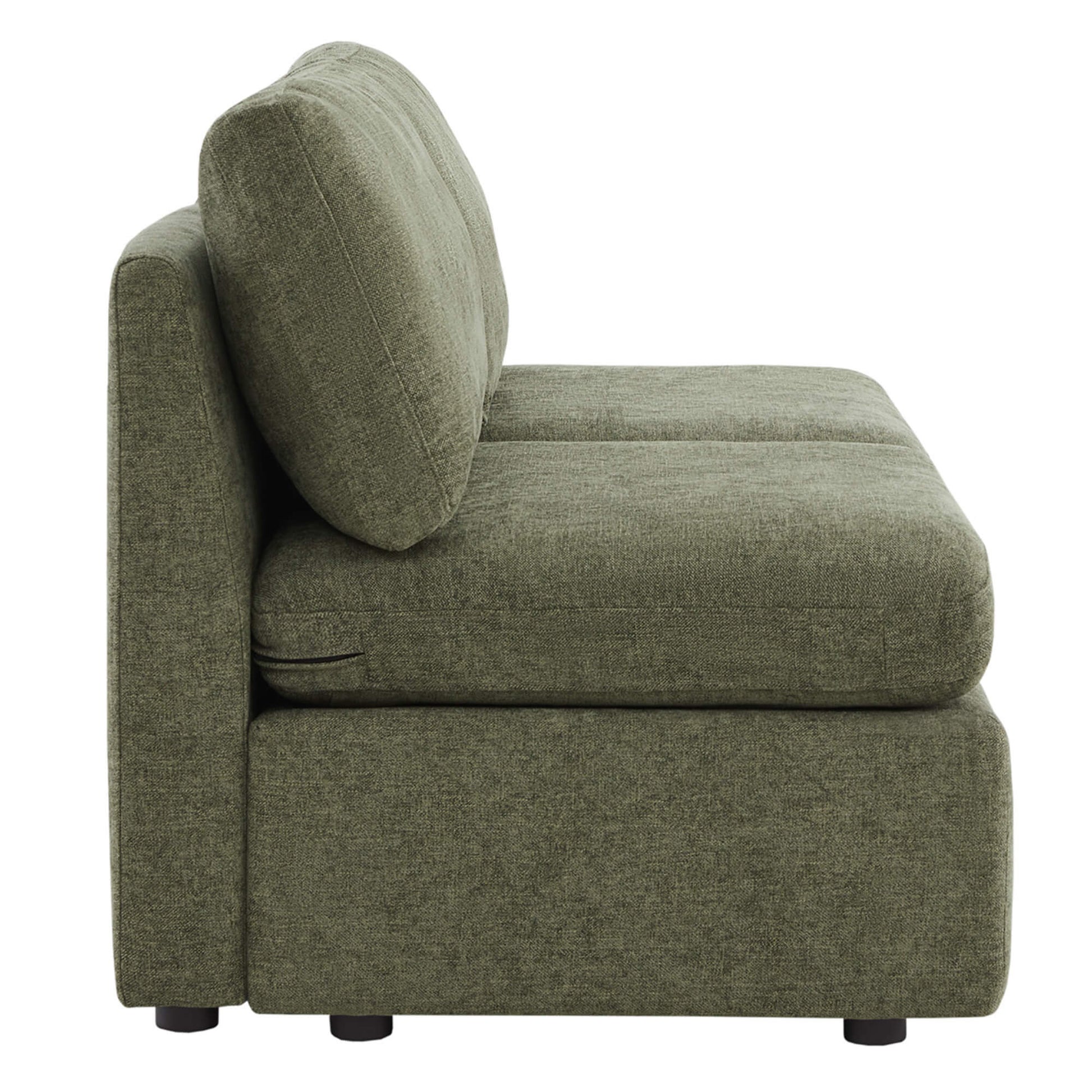 Profile view of Delaney modular armless sofa in soft green fabric with plush cushions - CHITA Living