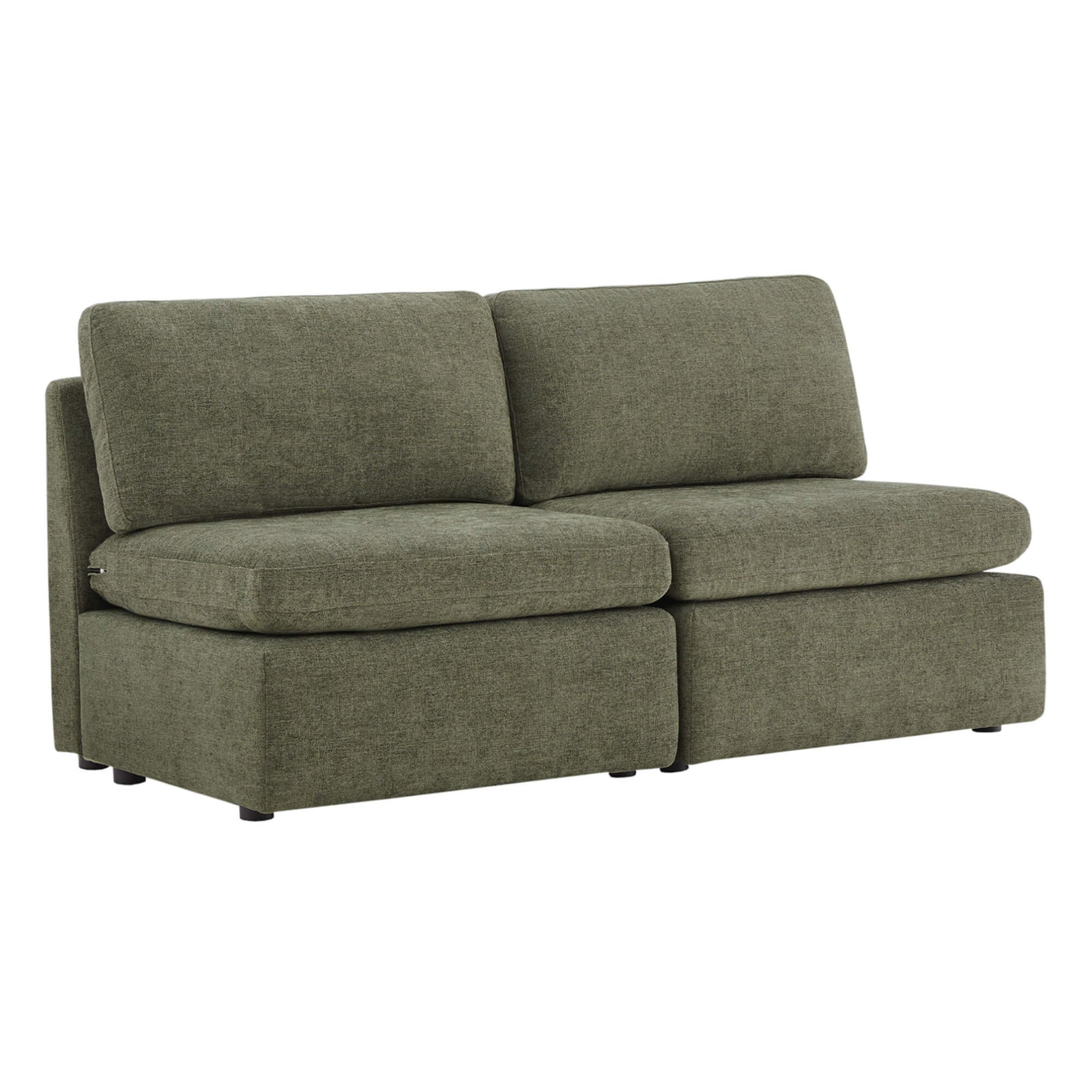 Delaney modular armless sofa in soft green fabric, showcasing plush cushions and sleek design - CHITA Living