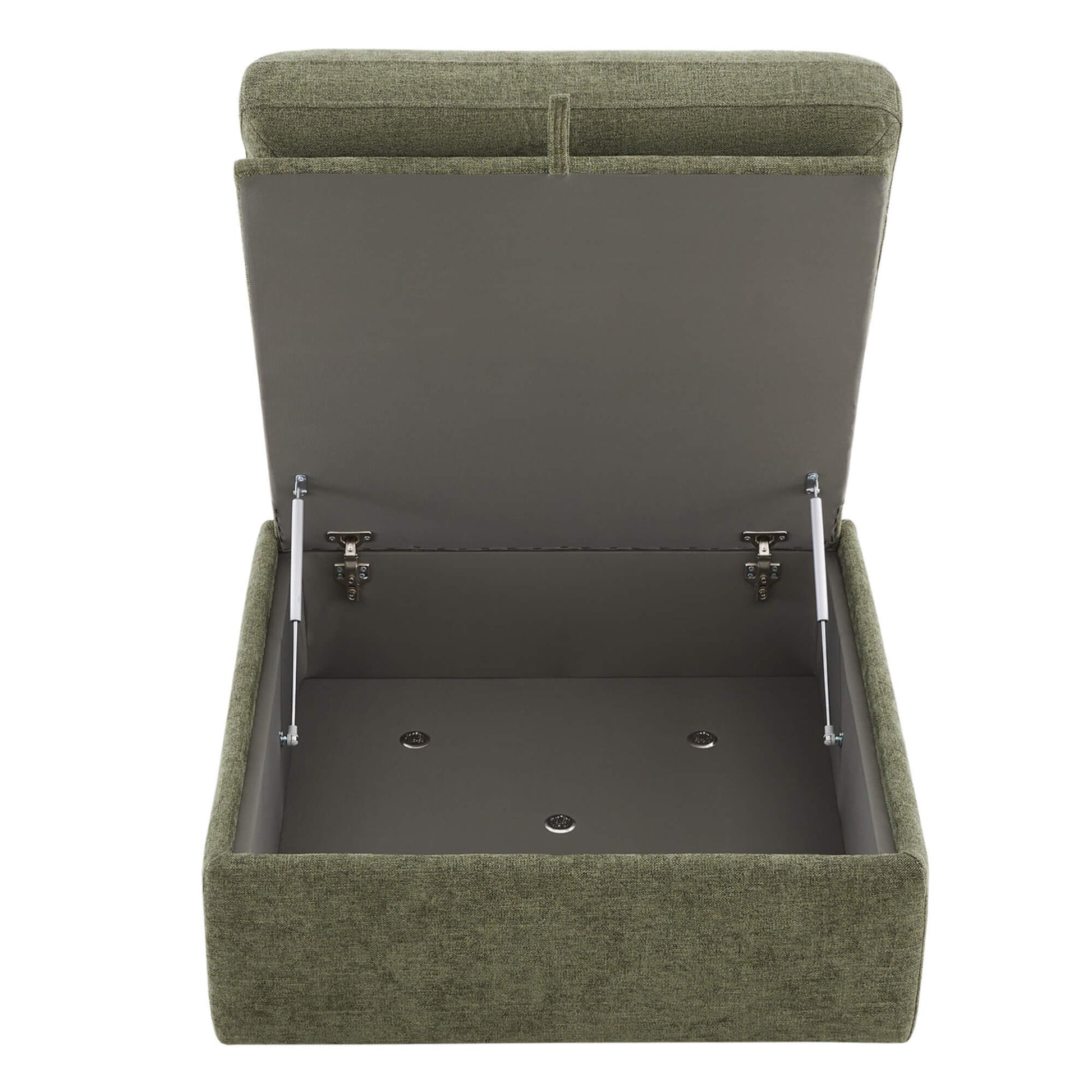 Open green ottoman revealing hidden storage space and sturdy gas-lift mechanism - CHITA Living