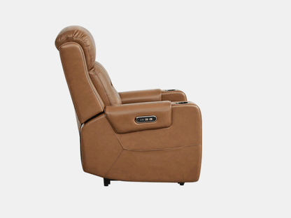 A tan leather recliner with a control panel on the armrest, partially reclined.