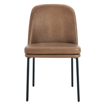 Golda Dining Chair, brown leather with black metal legs, front view on a white background.
