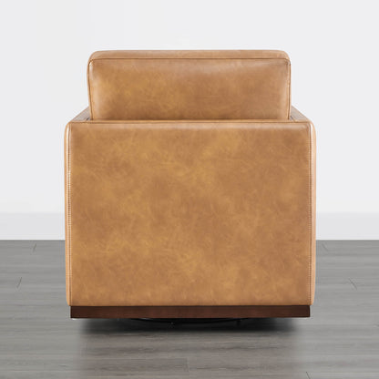 Back view of tan leather Henry Modern Swivel Accent Chair with wooden base - CHITA Living