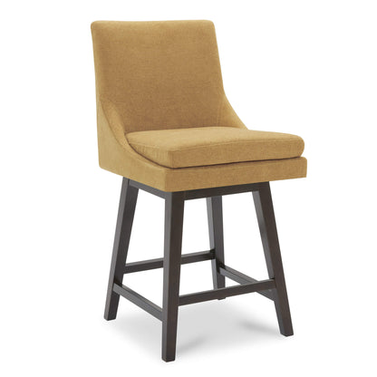 Lissa Swivel Bar Stool with soft tan fabric seat and sturdy dark wood legs - CHITA Living