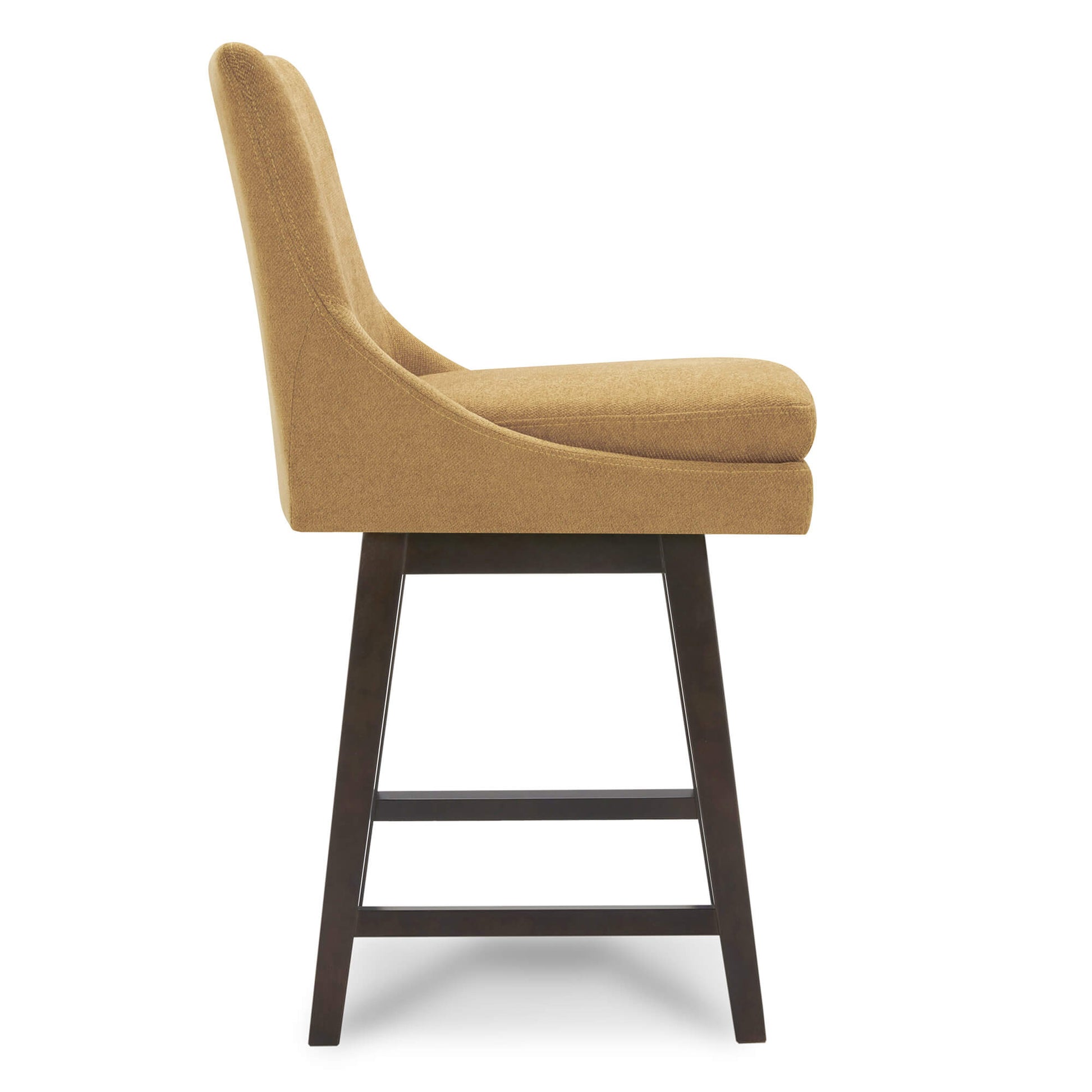 Side view of Lissa Swivel Bar Stool with tan fabric seat and dark wooden legs - CHITA Living