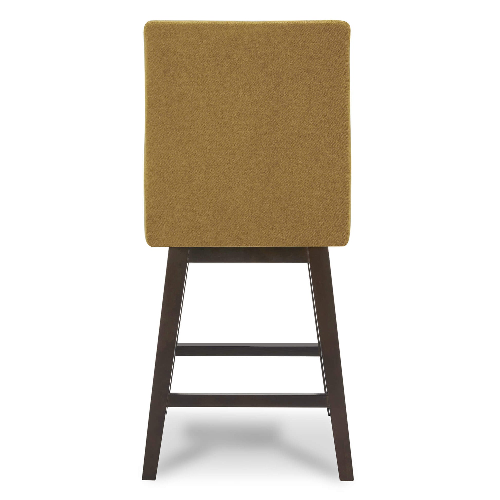 Back view of Lissa Swivel Bar Stool with tan fabric seat and solid dark wood legs - CHITA Living