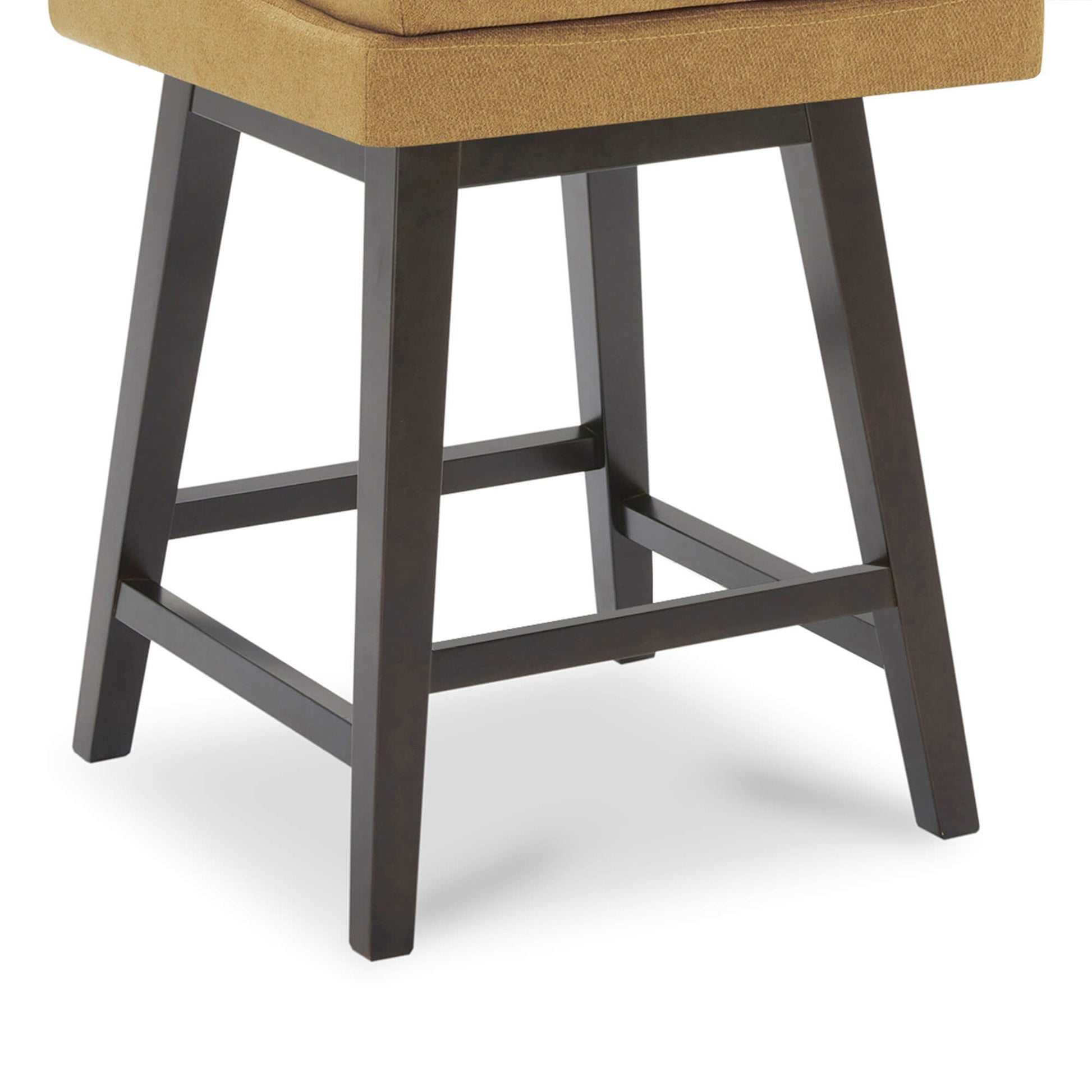 Close-up of Lissa Swivel Bar Stool with tan fabric seat and dark wooden legs - CHITA Living