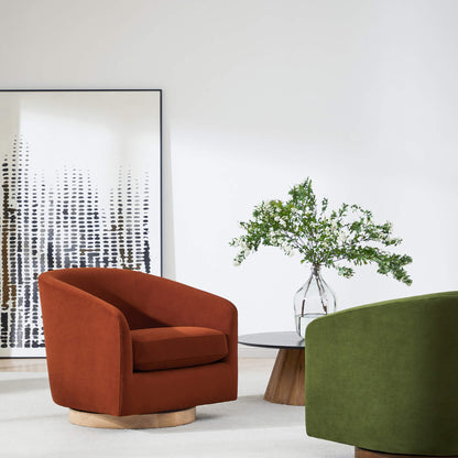 Wren Modern Swivel Accent Chair in rust color beside a side table and greenery in a modern setting - CHITA Living
