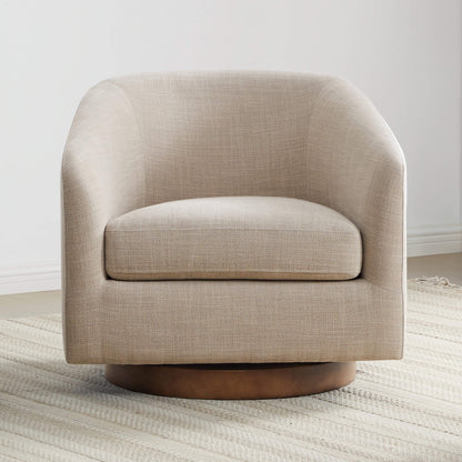 Beige Wren Modern Swivel Accent Chair with plush cushion and wood base on textured rug - CHITA Living