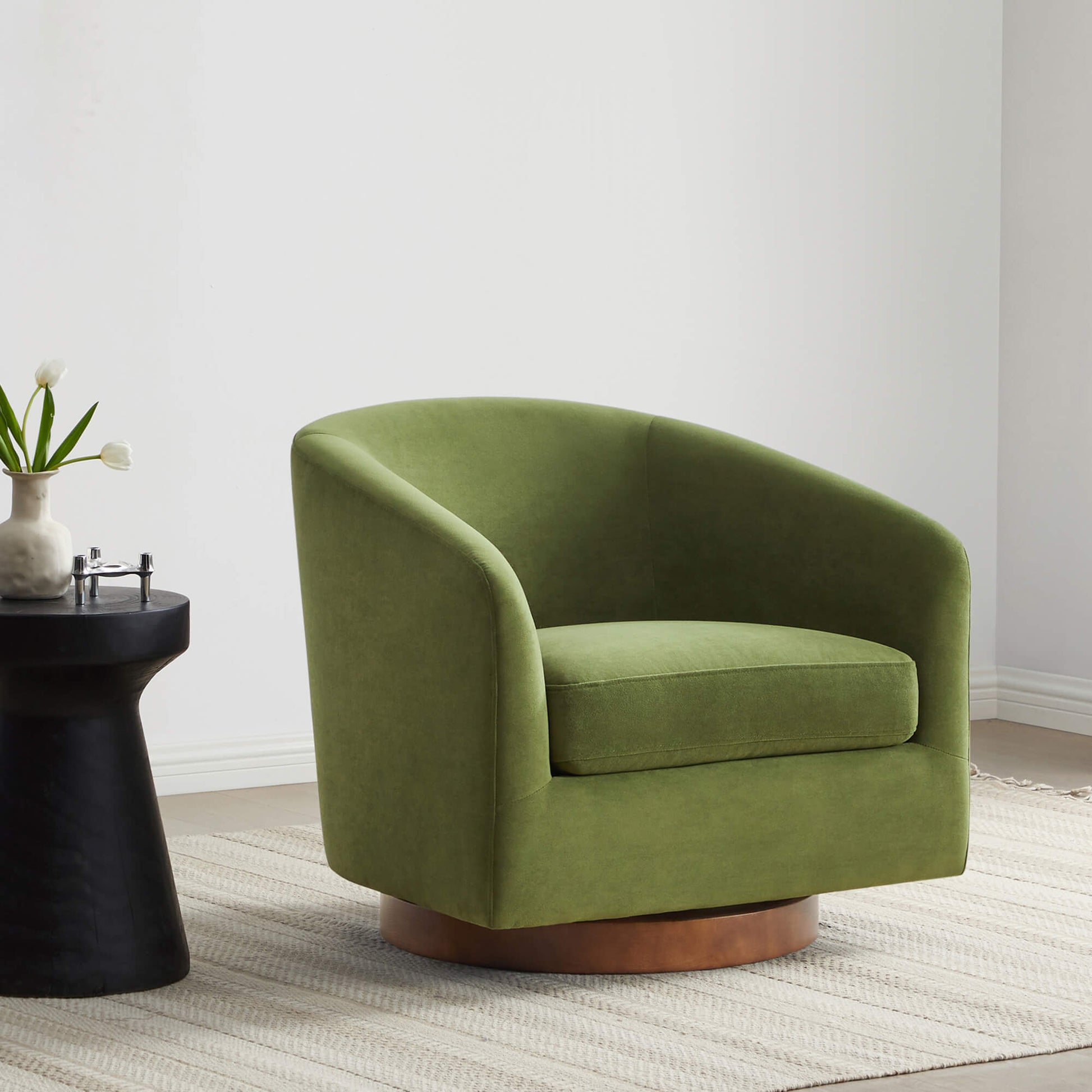 Green Wren Modern Swivel Accent Chair with plush cushion in minimalist living room - CHITA Living
