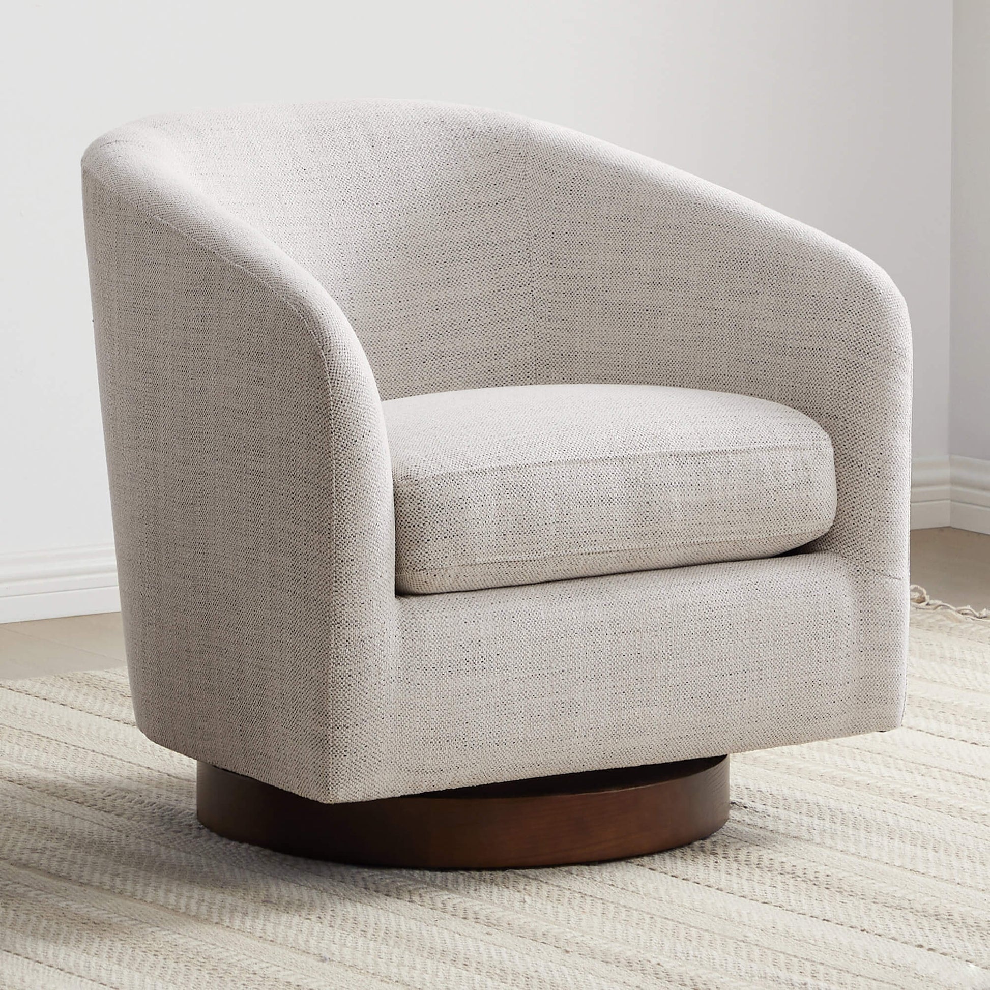 Wren Modern Swivel Accent Chair in light fabric with wood base, cozy living room decor - CHITA Living