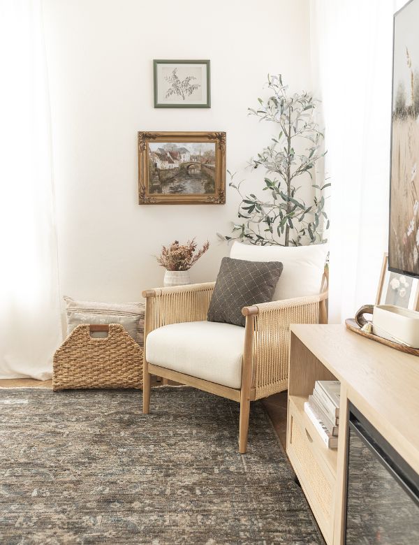 A cozy corner with a rattan armchair