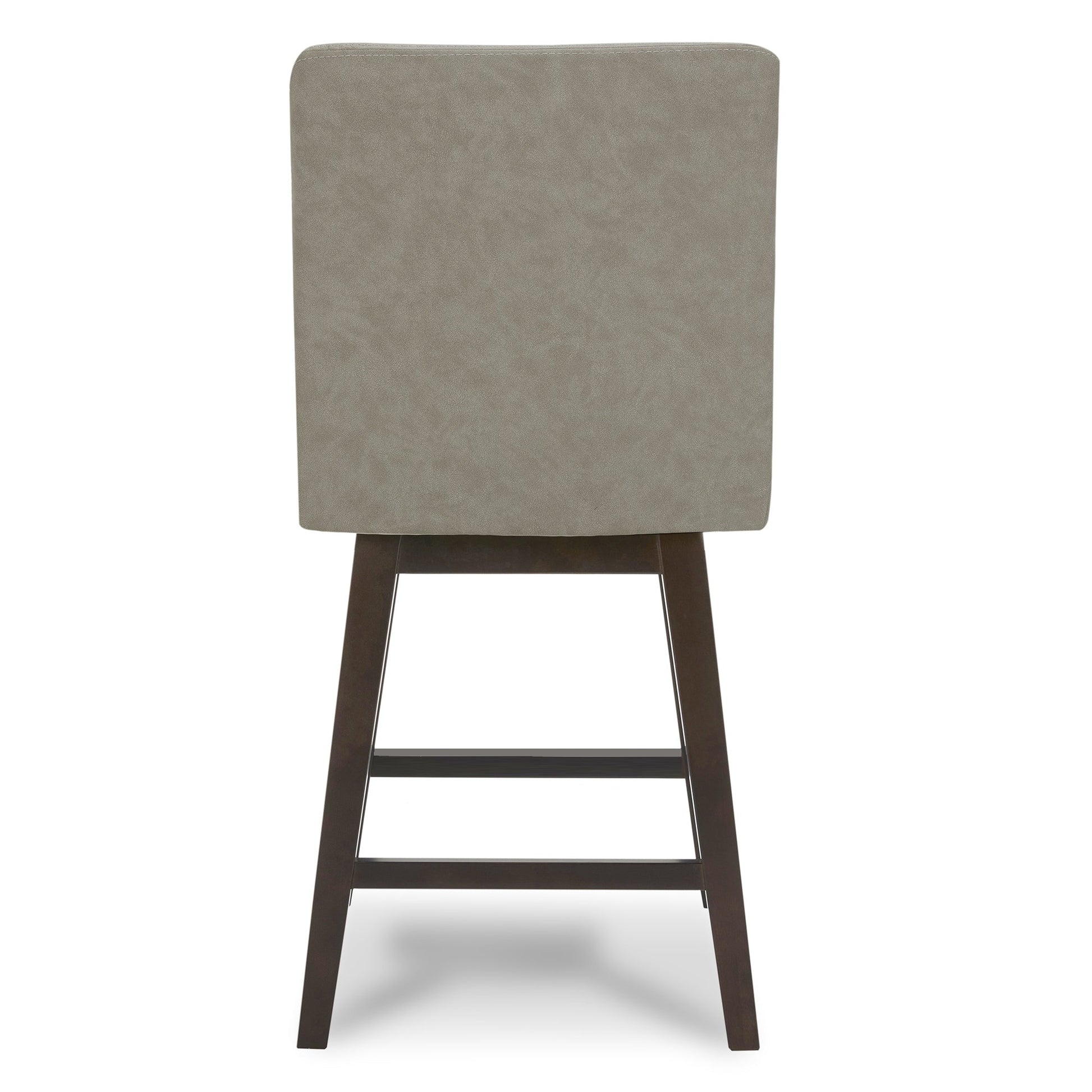 Back view of Lissa Swivel Bar Stool featuring soft grey leather seat and dark wood legs - CHITA Living