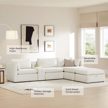 Delaney 5-Seat Modular Sofa Chaise with Storage Ottomans