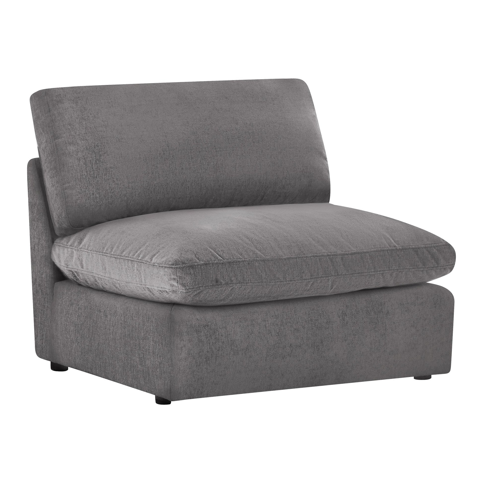 Kenna Armless Chair, gray fabric, low profile, modern design, comfortable seating