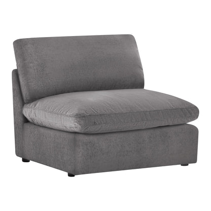 Kenna Armless Chair, gray fabric, low profile, modern design, comfortable seating
