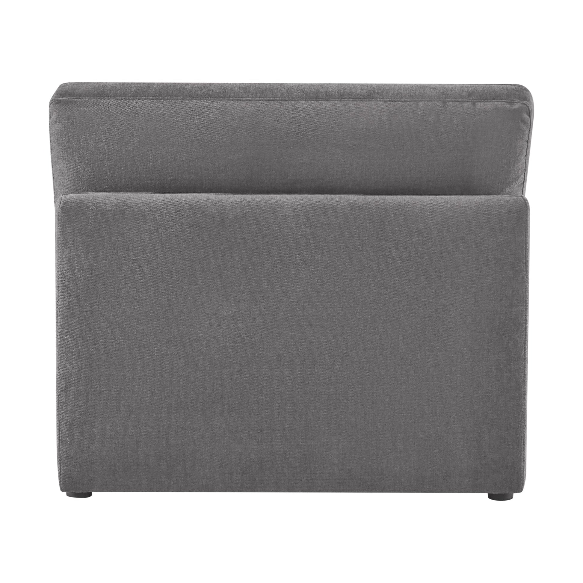 Kenna Armless Chair back in gray fabric, showcasing design and comfort.