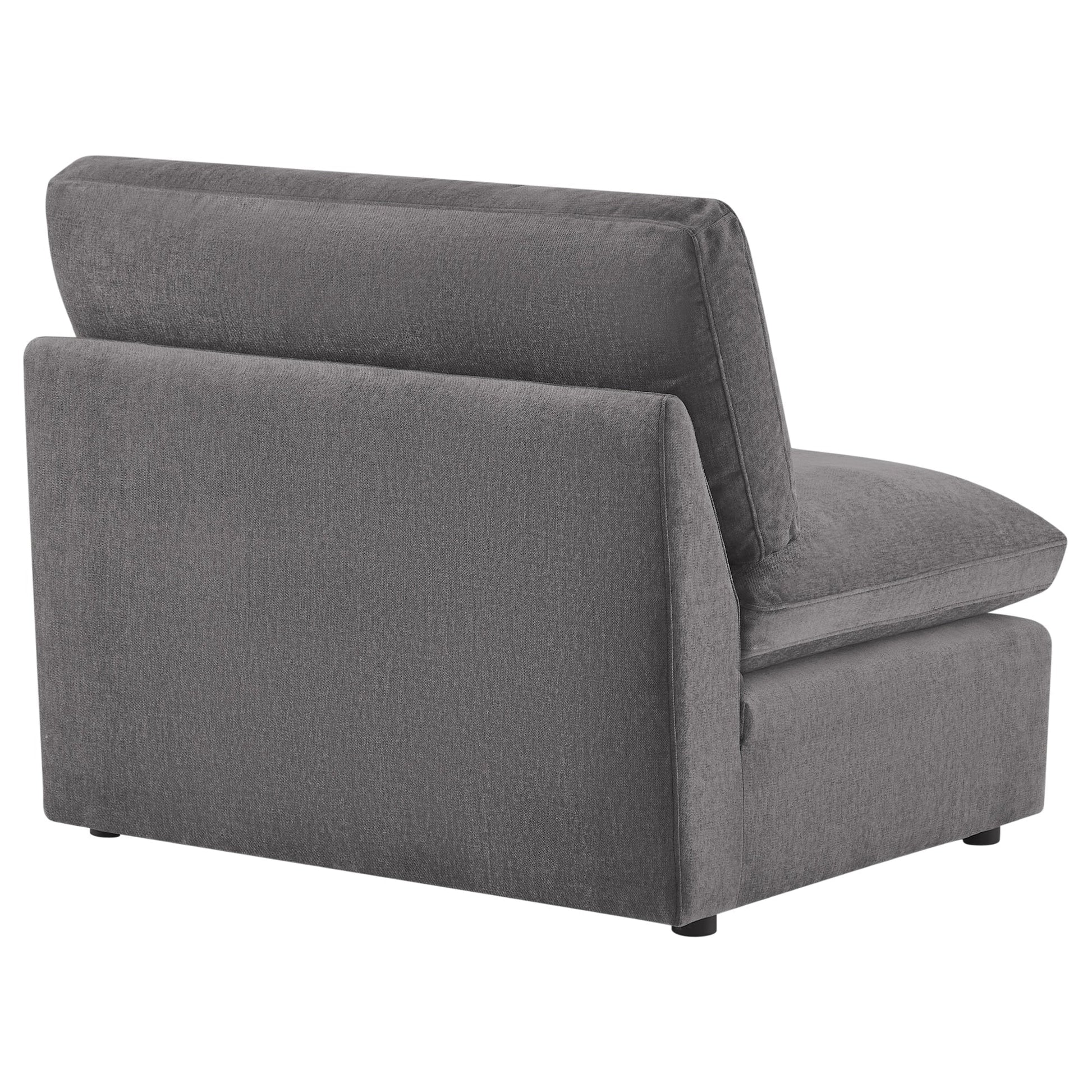Kenna Armless Chair in gray fabric, modern design, comfortable seating, perfect for relaxation.