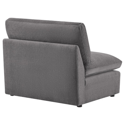 Kenna Armless Chair in gray fabric, modern design, comfortable seating, perfect for relaxation.