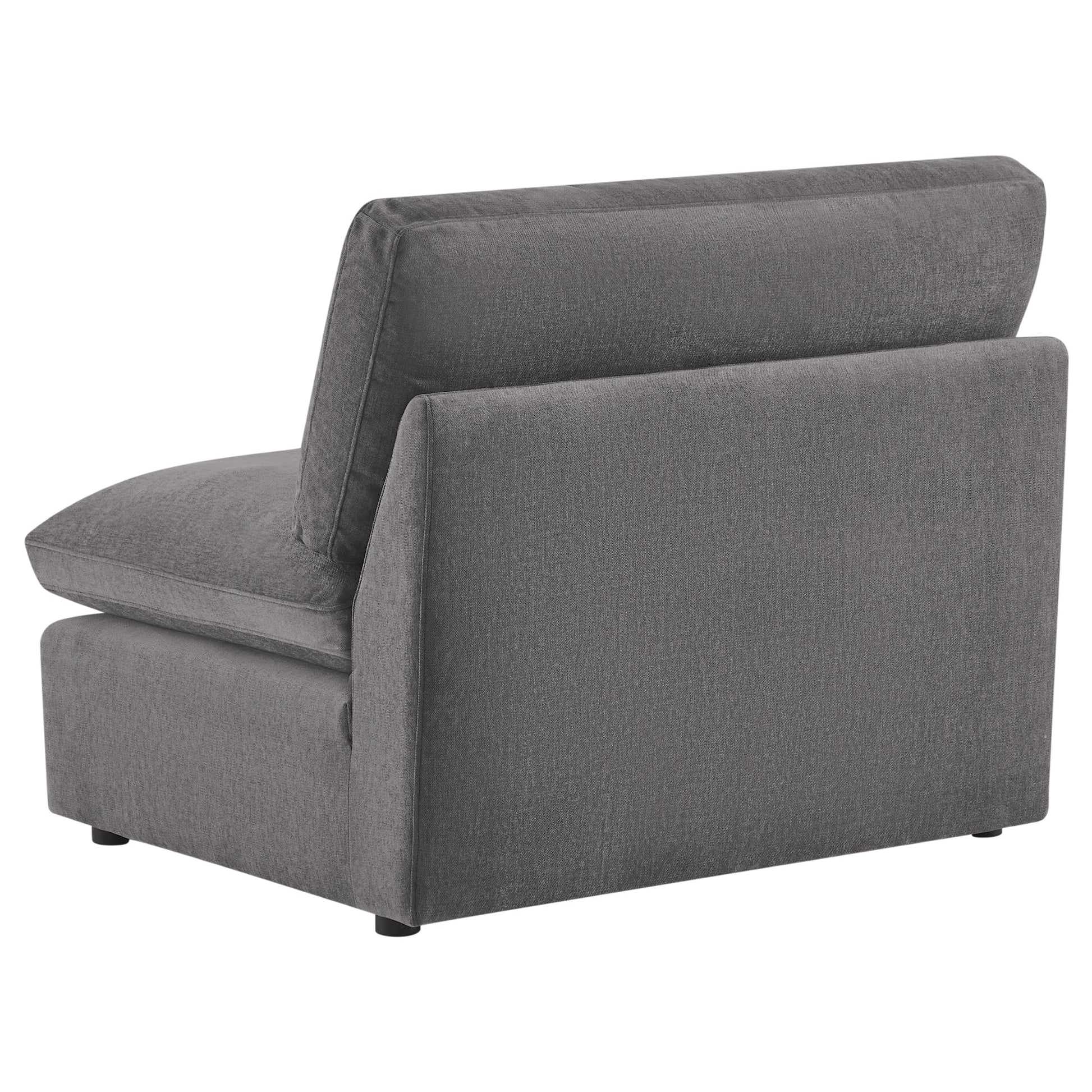 Kenna Armless Chair in gray fabric, modern design, and comfortable seating for any living room.
