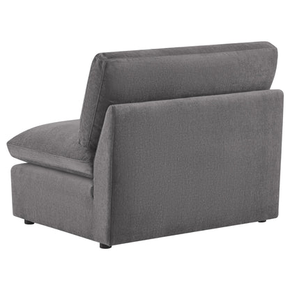 Kenna Armless Chair in gray fabric, modern design, and comfortable seating for any living room.