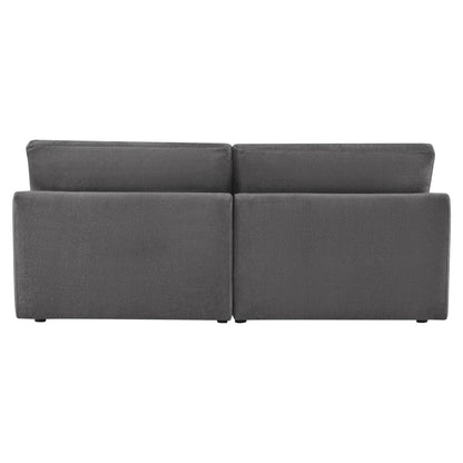 Kenna 2 Seat Modular Sofa in gray, back view showing fabric and cushions. Modern, comfortable seating.