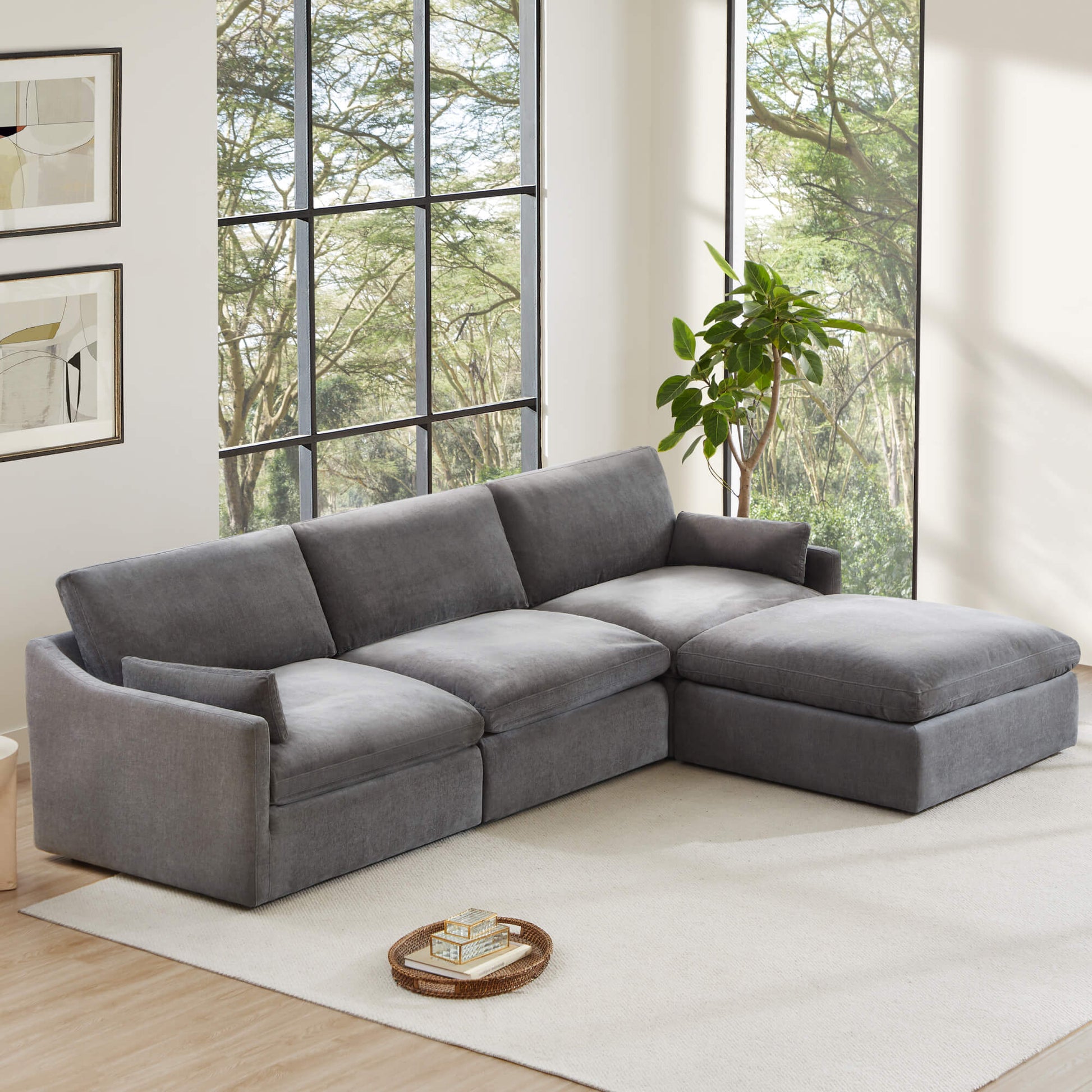 Kenna Modular 4 Seat Sofa-Chaise Sectional in gray, modern living room seating, soft cushions, and modular design
