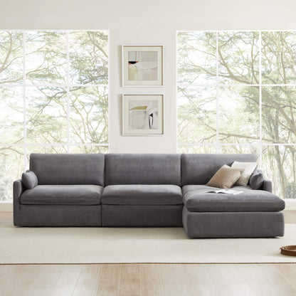 Kenna Modular 4 Seat Sofa-Chaise Sectional in gray, comfortable seating, soft cushions, and modular design, living room