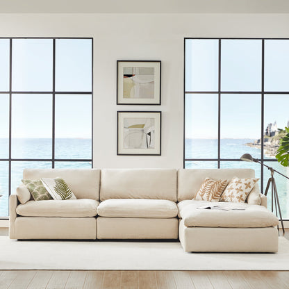 Kenna Modular Sofa-Chaise sectional in cream color, with soft cushions, sea view