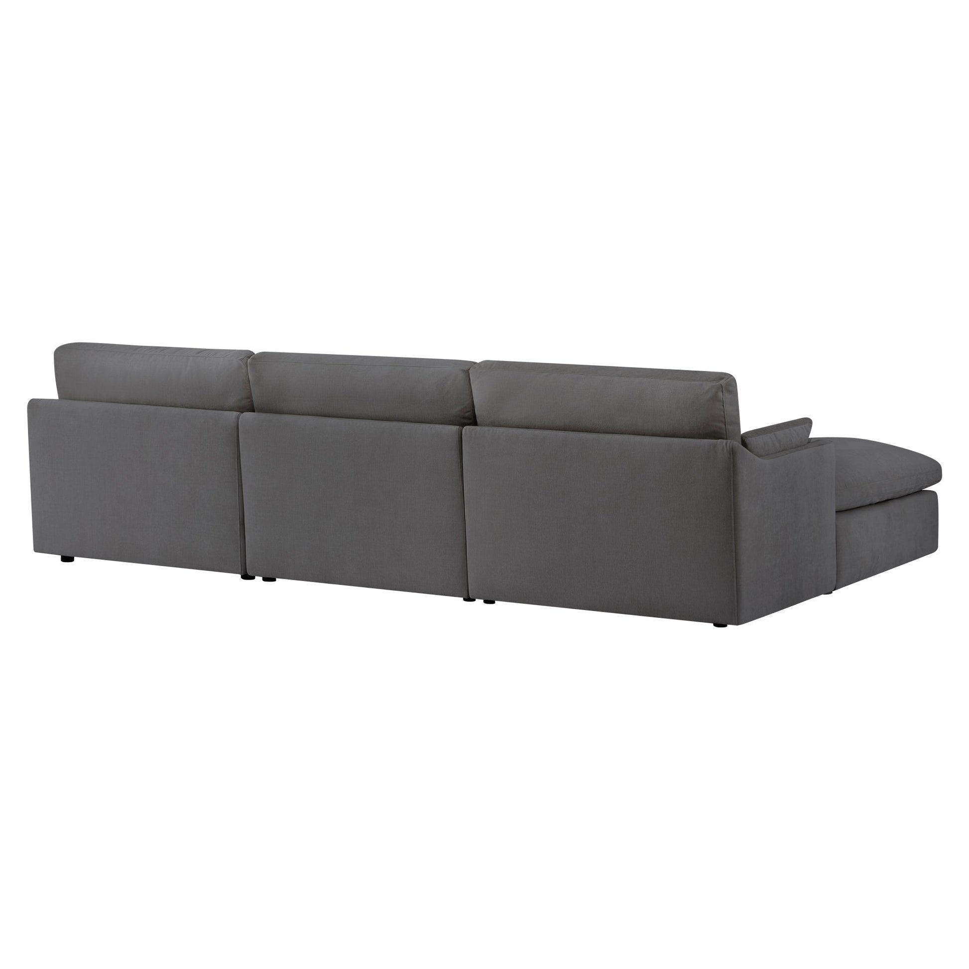 Kenna Modular 4 Seat Sofa-Chaise Sectional in gray, rear view, comfortable seating