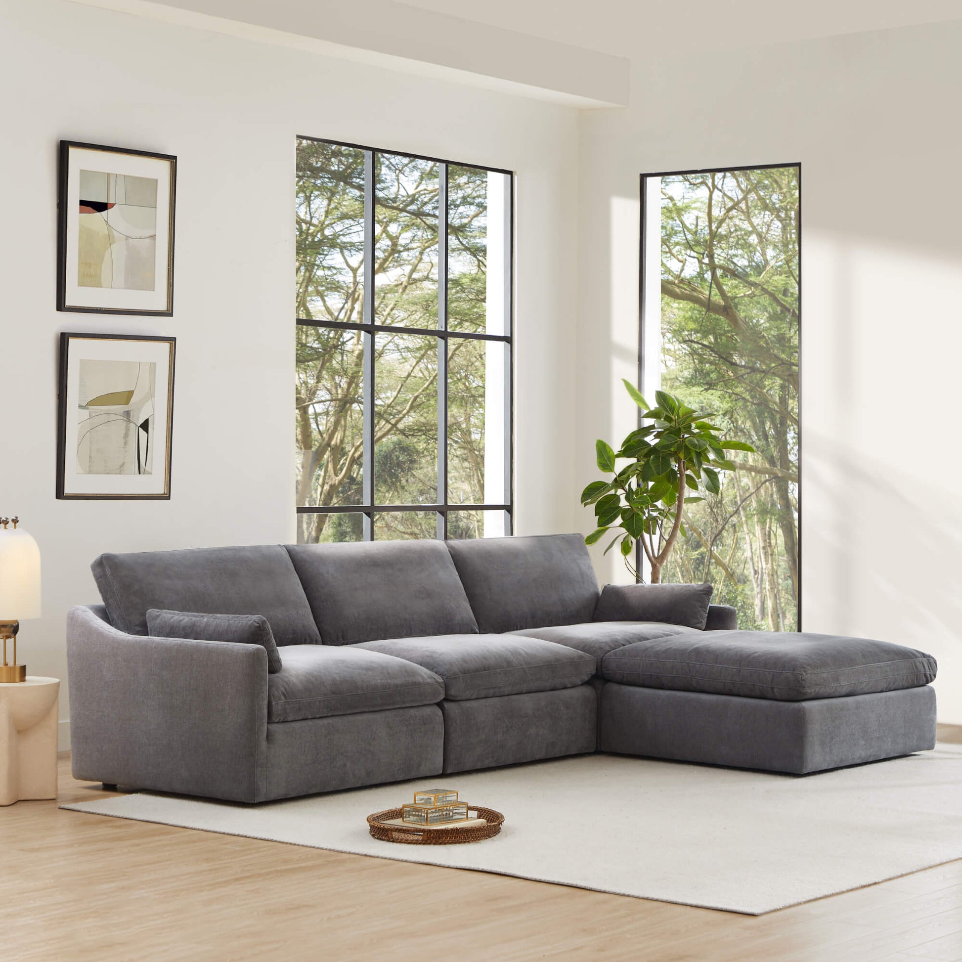 Kenna Modular 4 Seat Sofa-Chaise Sectional in Gray, modern living room seating, soft cushions, and modular design.