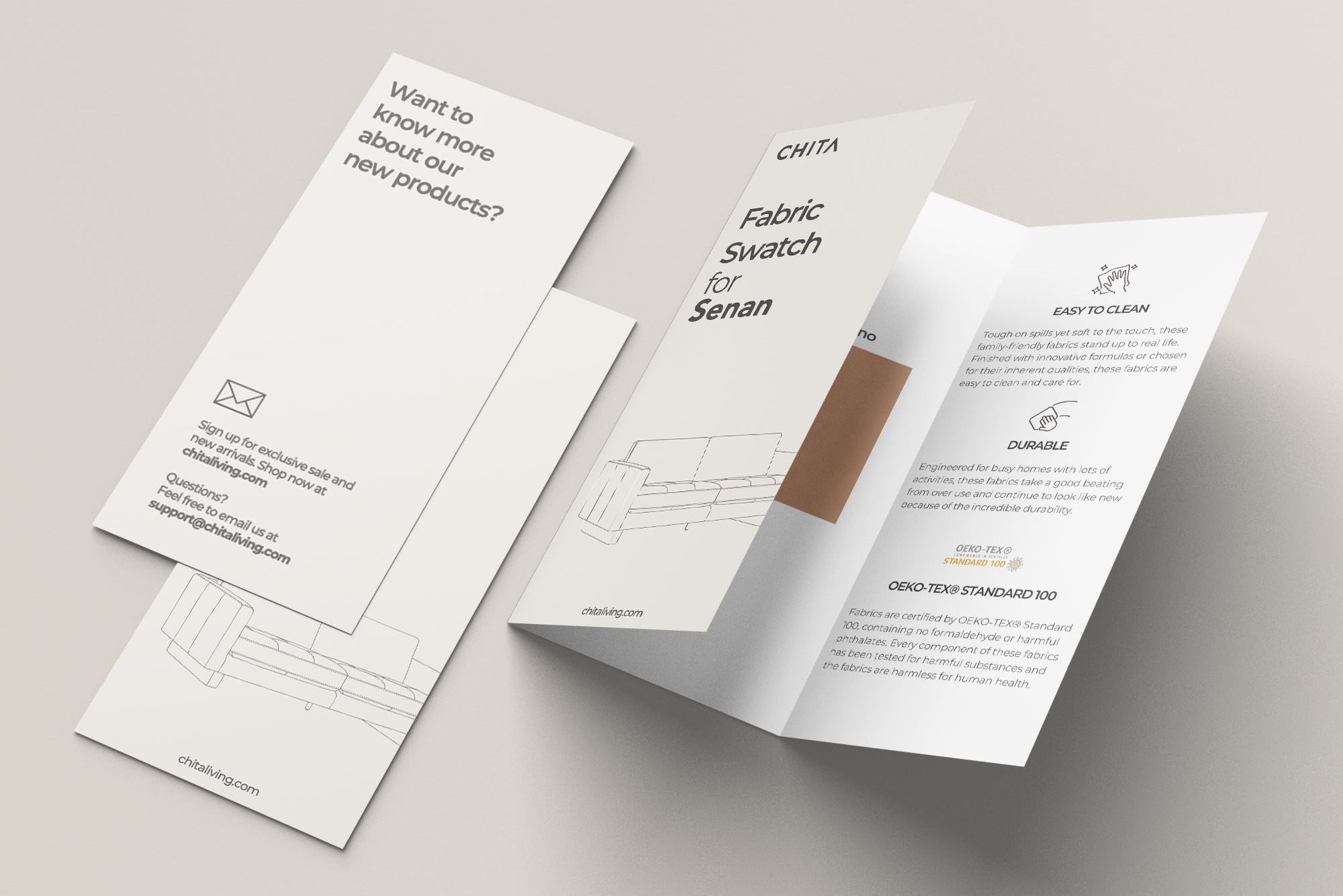 Brown leather fabric swatch for Senan Sofa with care instructions and product info - CHITA Living