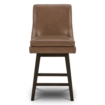 Lissa Swivel Stool featuring a brown leather seat and solid wood legs - CHITA Living