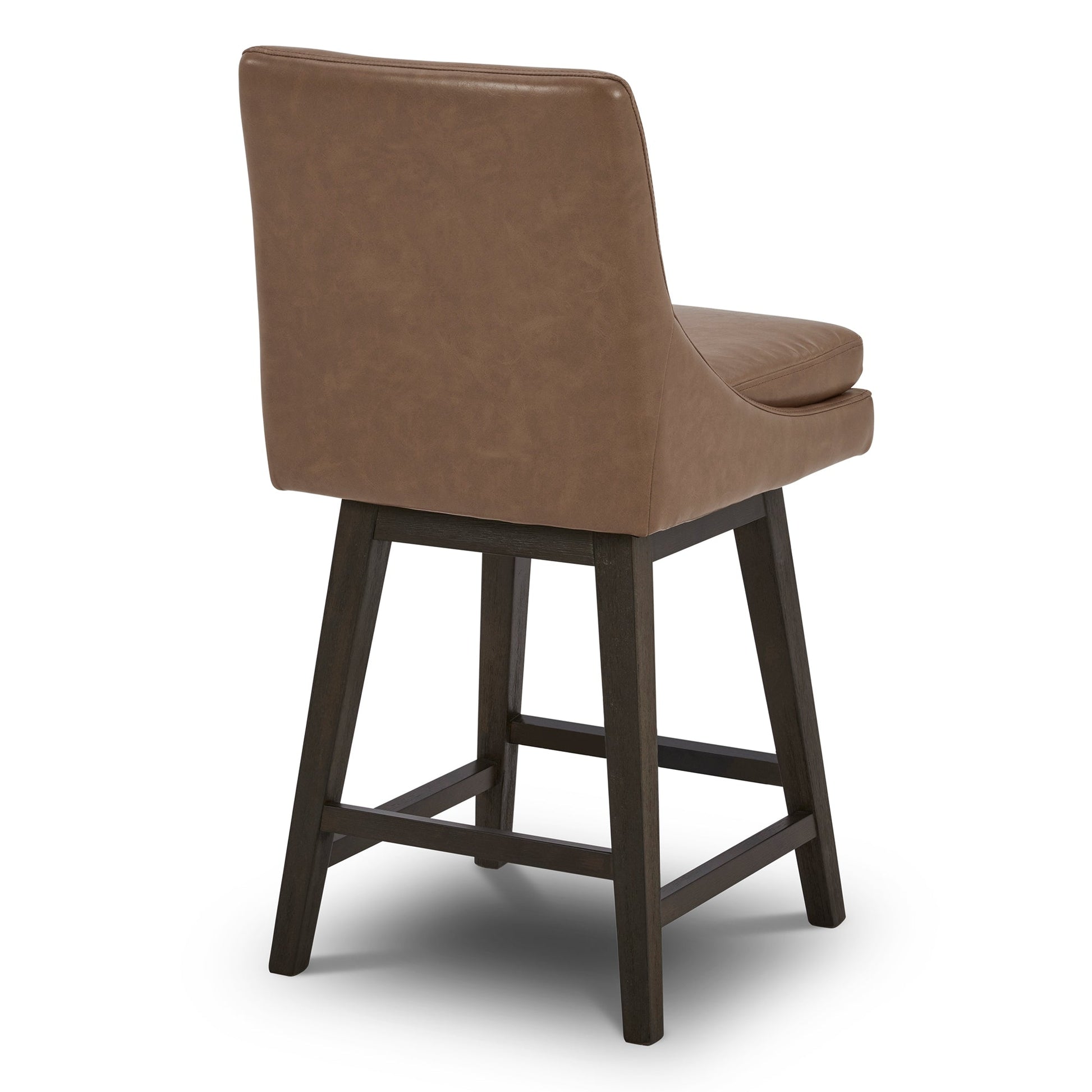 Back view of Lissa Swivel Bar Stool with plush brown leather seat and sturdy wooden legs - CHITA Living